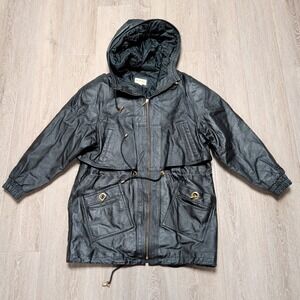 Vintage Kathy Ireland Womens L Black Leather Hooded Parka Jacket Quilted Lined